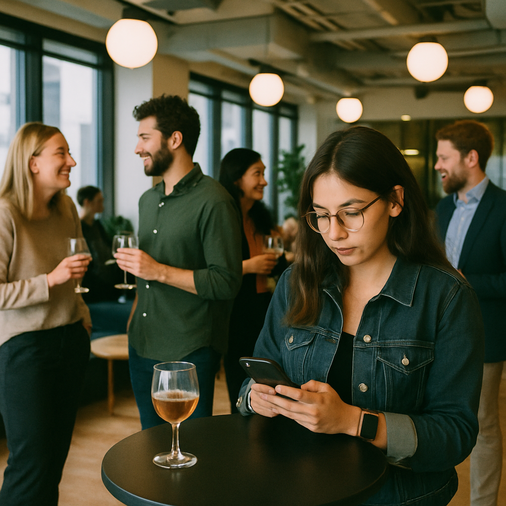A group of people gathered at a coworking space such as WeWork or Industrious People are chatting with drinks in their hand One woman latina has her phone out and is using it to enter data from the event standing up by herself at an upright table wit-1