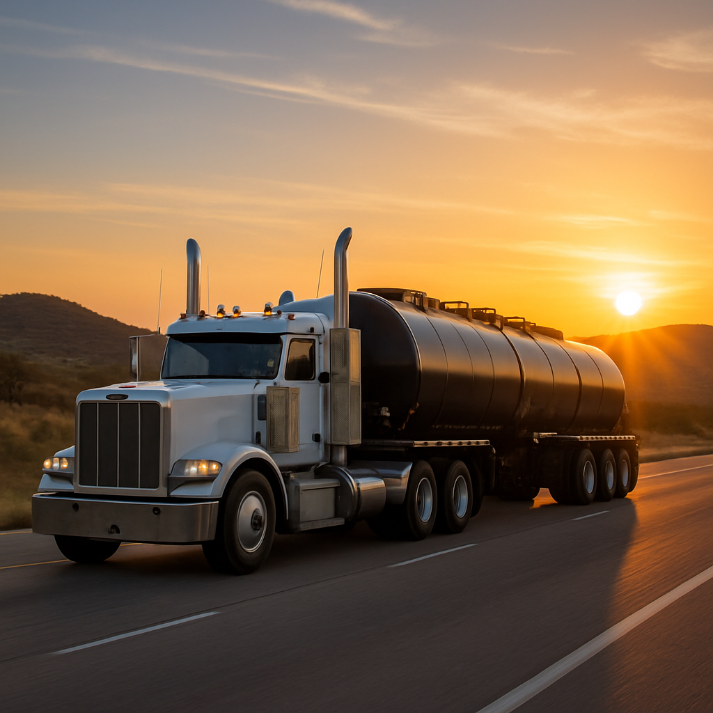 A midstream oil and gas tractor trailer hauling crude oil down a highway in Texas It should have a sunrise in the background and hills Do not put the words Crude Oil on the side of the truck-1