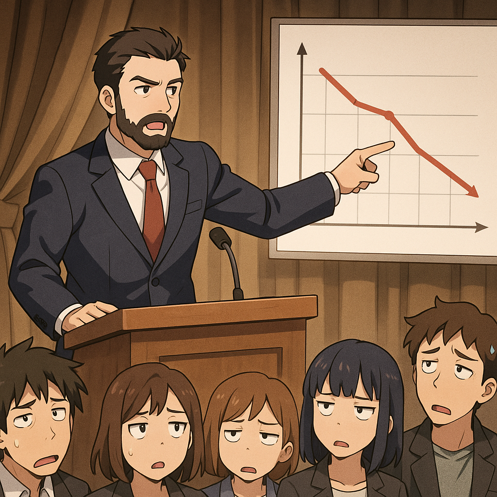 A sales leaderfigure tall and male light skinned with beard on a stage with a podium He is pointing to a chart off to the side The audience is looking on but they look perplexed confused or bored-1