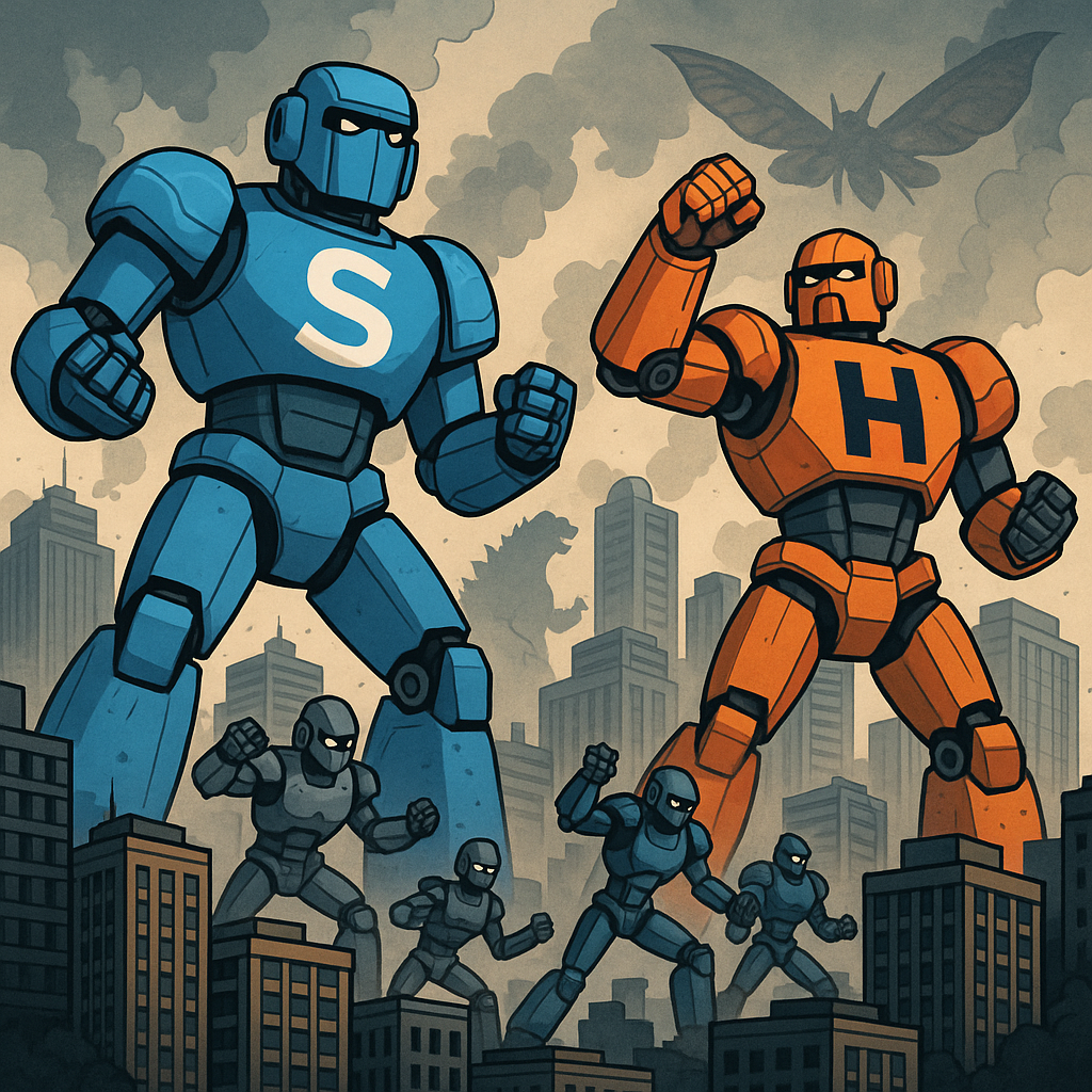 Create a city with several robots standing up in the middle like titans ready to protect the city from invading bad guys like Godzilla or Mothra One robot should be in the colors of the software Salesforce salesforce blue with a big white S on its ch-1