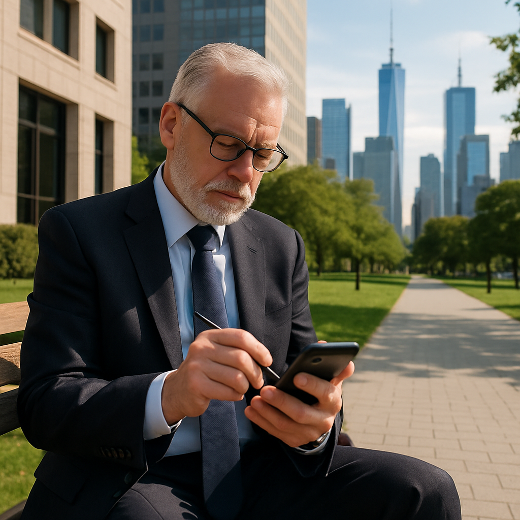 Professional male older sales representative using their phone in a park to take notes The sales representative is in a suite and is on a park bench outside of a large building where he had his office meeting The day should be sunny and there should