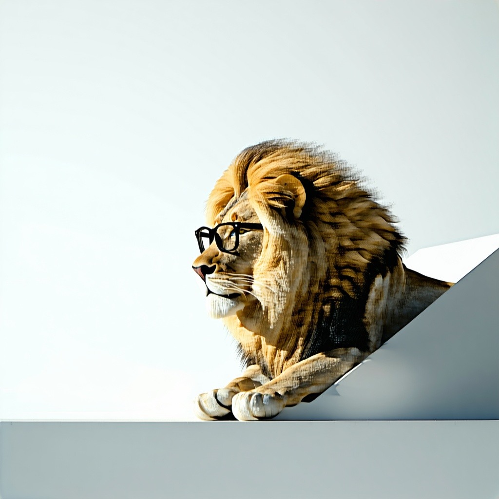 lion in a white space wearing glasses looking down-1